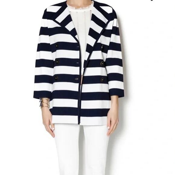 Luii | NWT Anthro Navy & White Stripe Thick Woven Knit Button Front Jacket - Picture 1 of 13